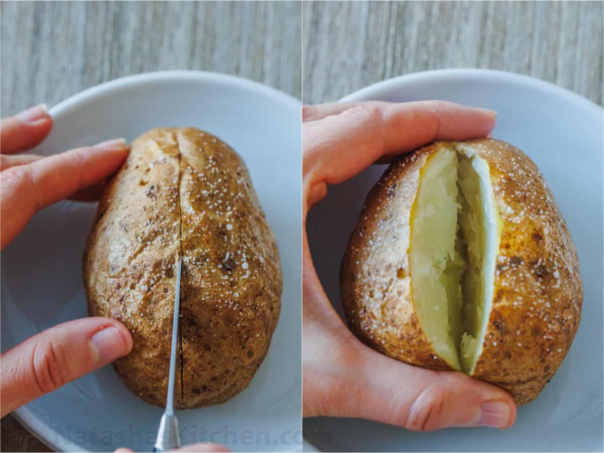 Side-by-side photos showing how to cut open a baked potato.