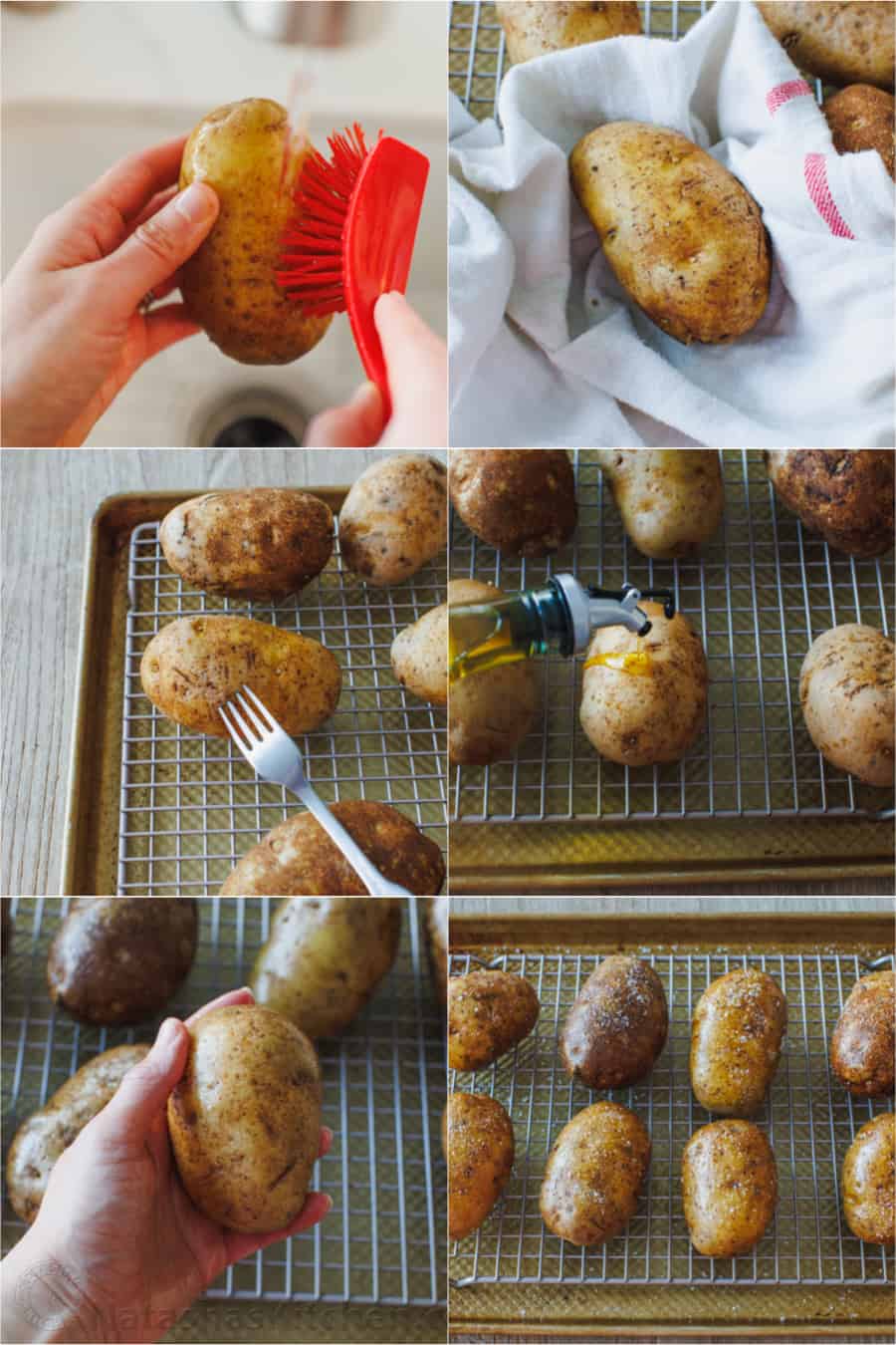Photo collage showing how to bake a potato in the oven.