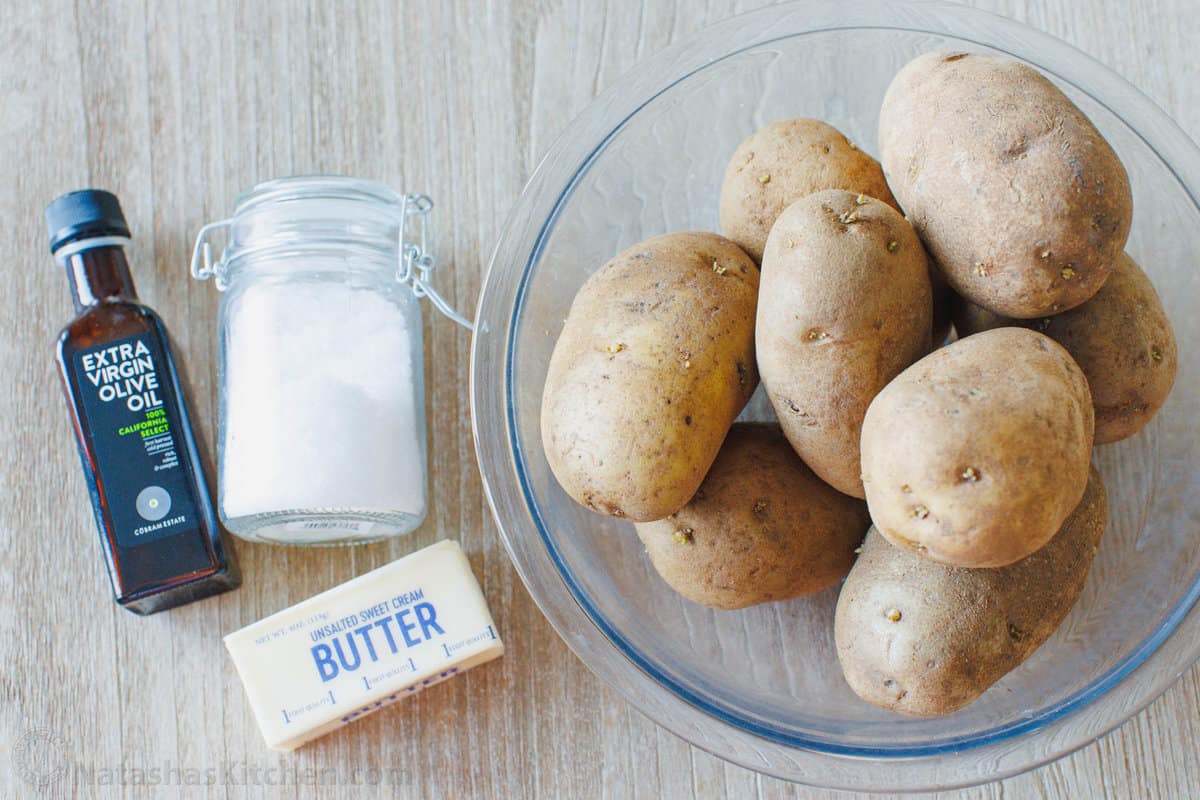 The ingredients for perfect baked potatoes.