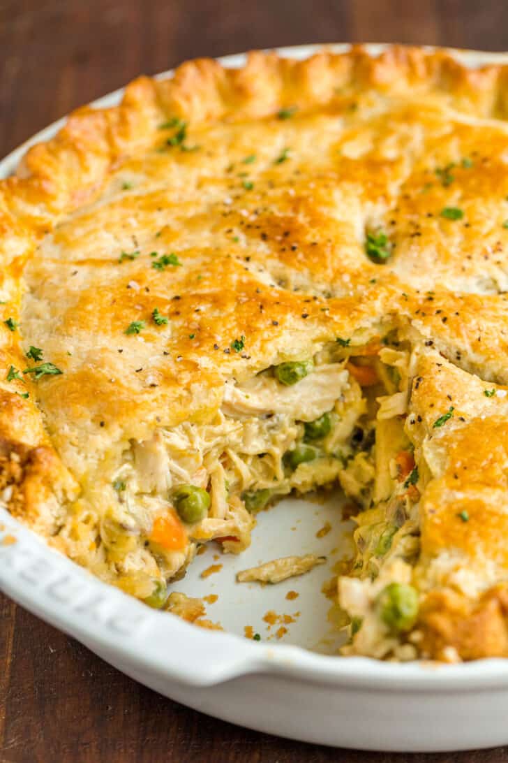 Sliced chicken pot pie with chicken and veggie center