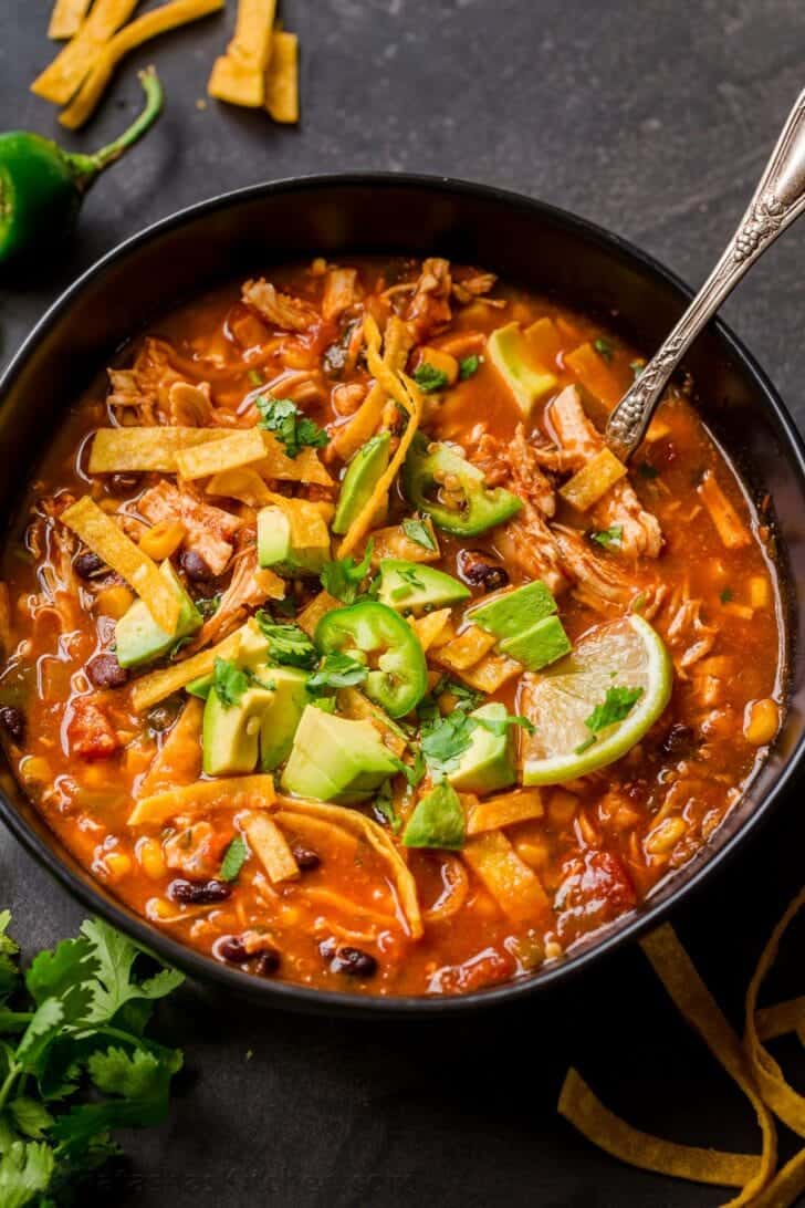 A bowl of chicken tortilla soup