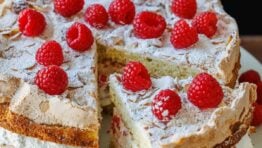 Himmelstorte layered with cake, whipped cream, and raspberries on a cake platter sliced to serve