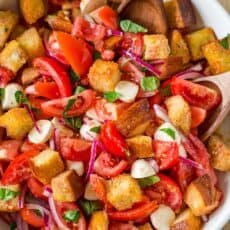 Panzanella Salad in mixing bowl