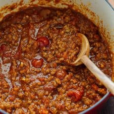 Spaghetti meat sauce in a pot